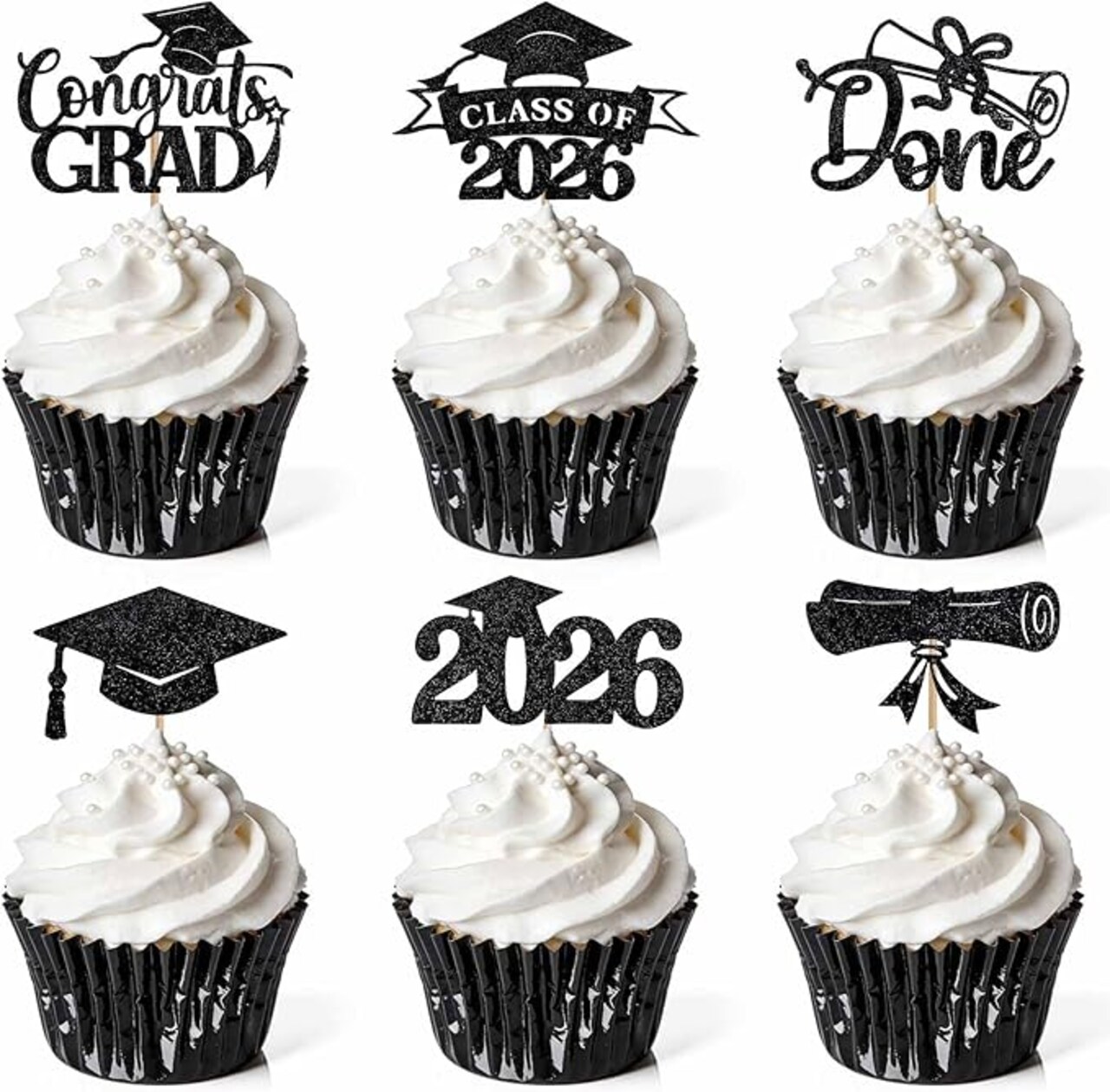 48 PCS Graduation Cupcake Toppers 2026 – Glitter Class of 2026 Cake Picks, Black Graduation Party Decorations, Cupcake & Dessert Table Centerpieces for Graduation Celebrations
